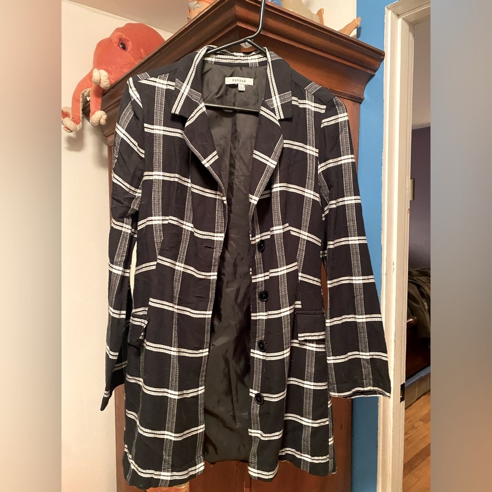 Papaya long black and white plaid blazer/jacket large